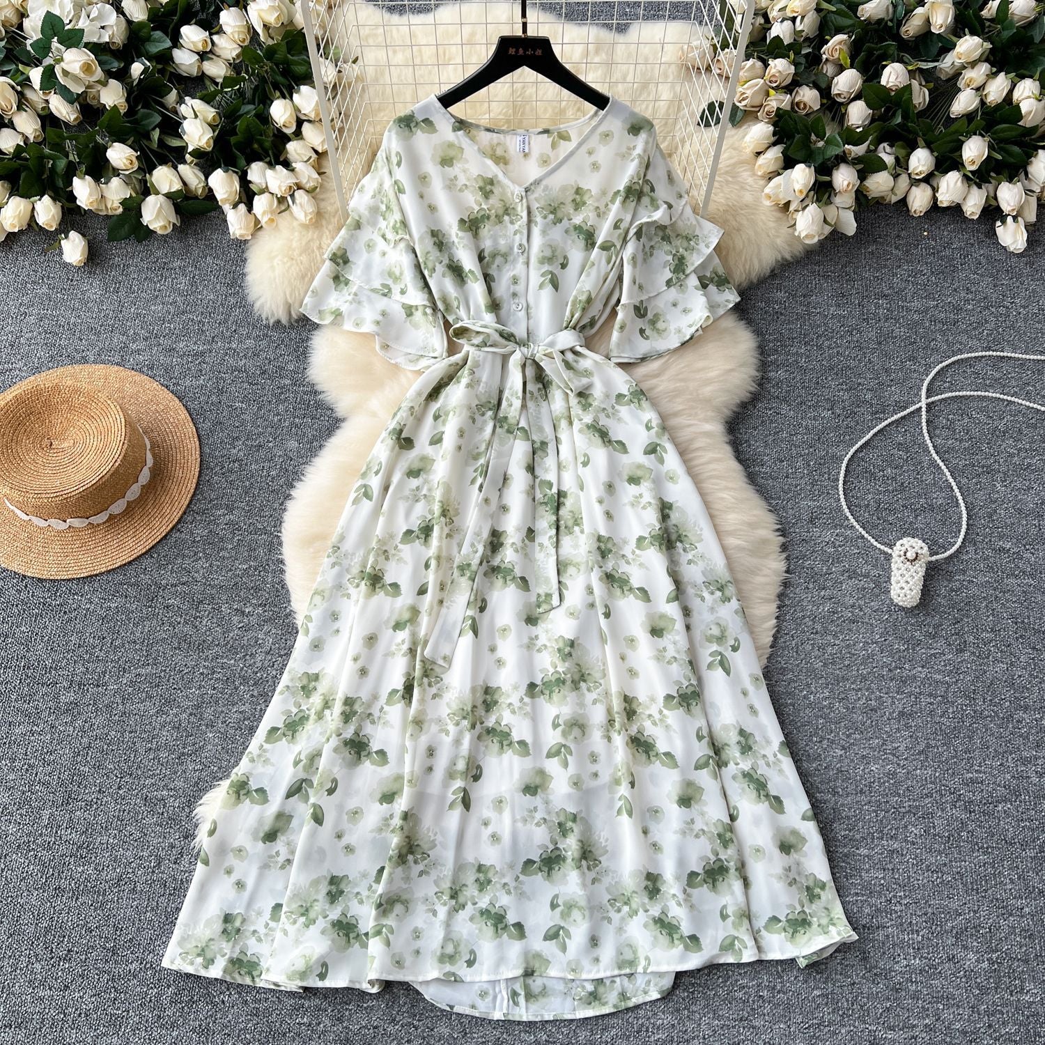 V-Neck Bell Sleeve Tie Waist A-Line Floral Dress 20