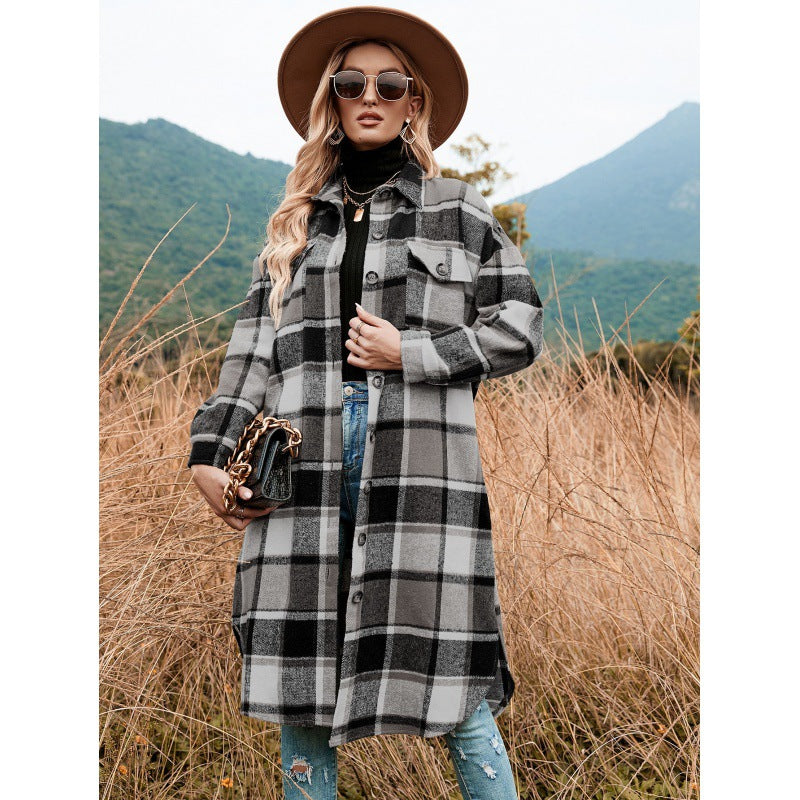 Autumn And Winter Chic Windbreaker Coat Side Slit Turndown Collar Loose Plaid Shirt Jacket 4