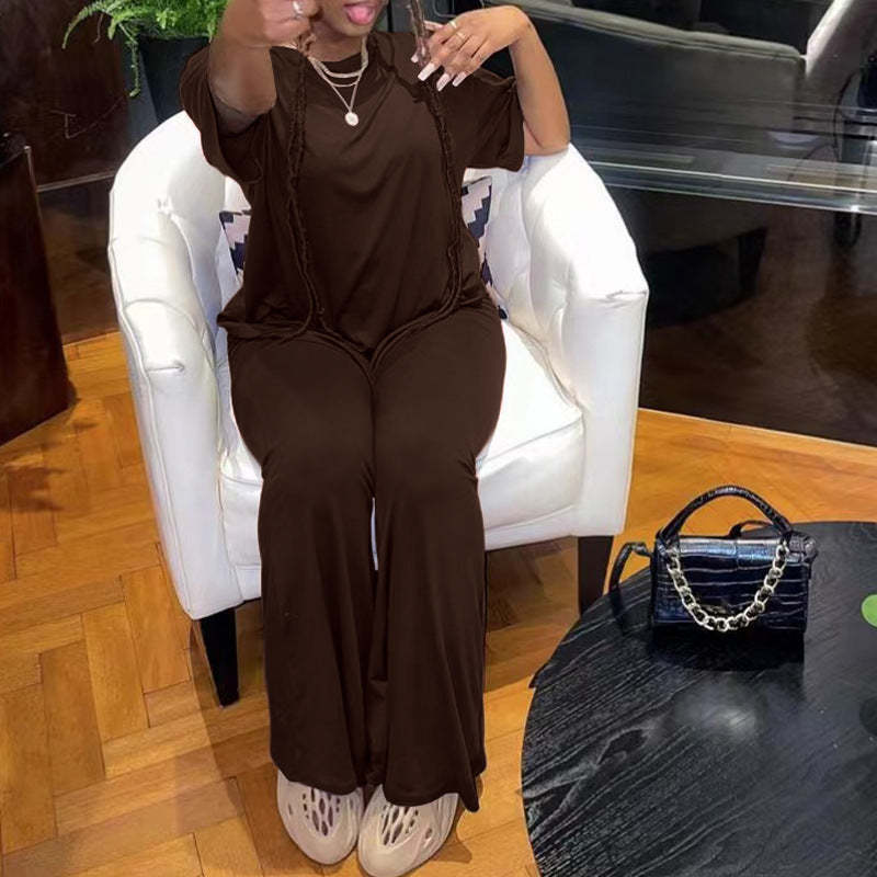 Fashion Loose T-Shirt Long Wide-Leg Pants Two-Piece Suits For Women 4