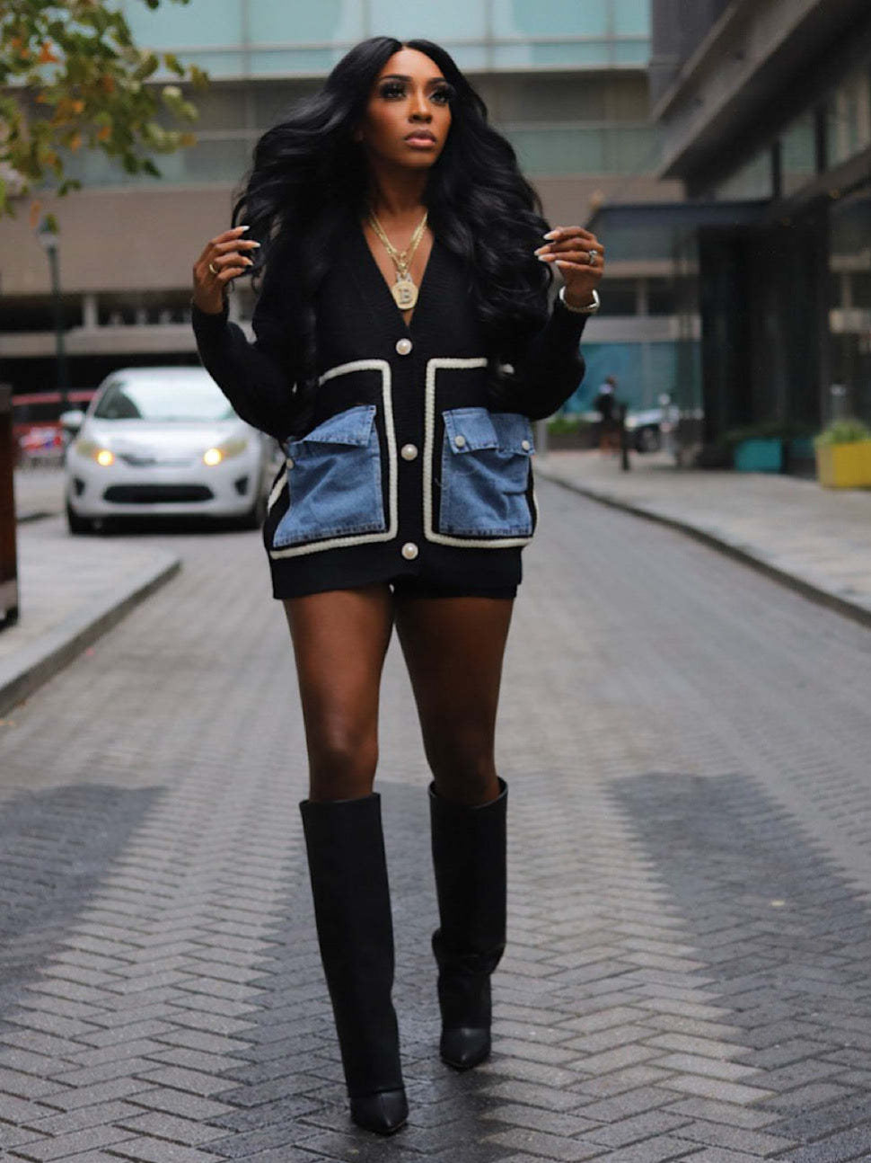 Women Patchwork Denim pocket cardigan sweater 9