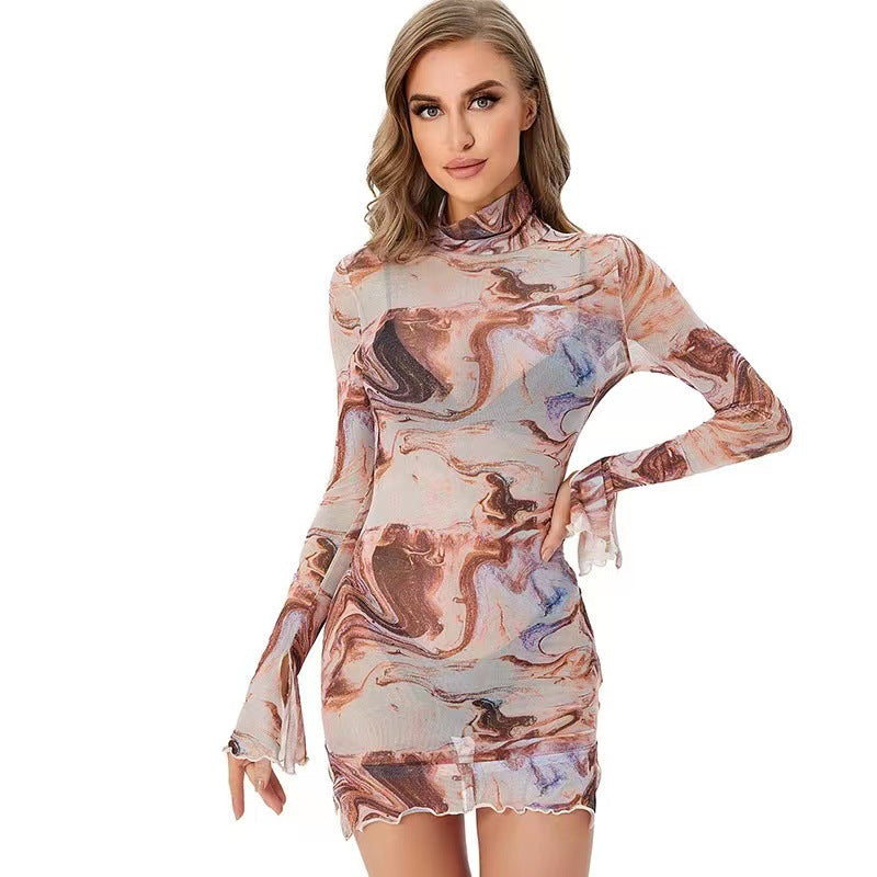 Printed Round Neck Bell Bottom Sleeve Women's Summer Slit Bodycon Dress 6