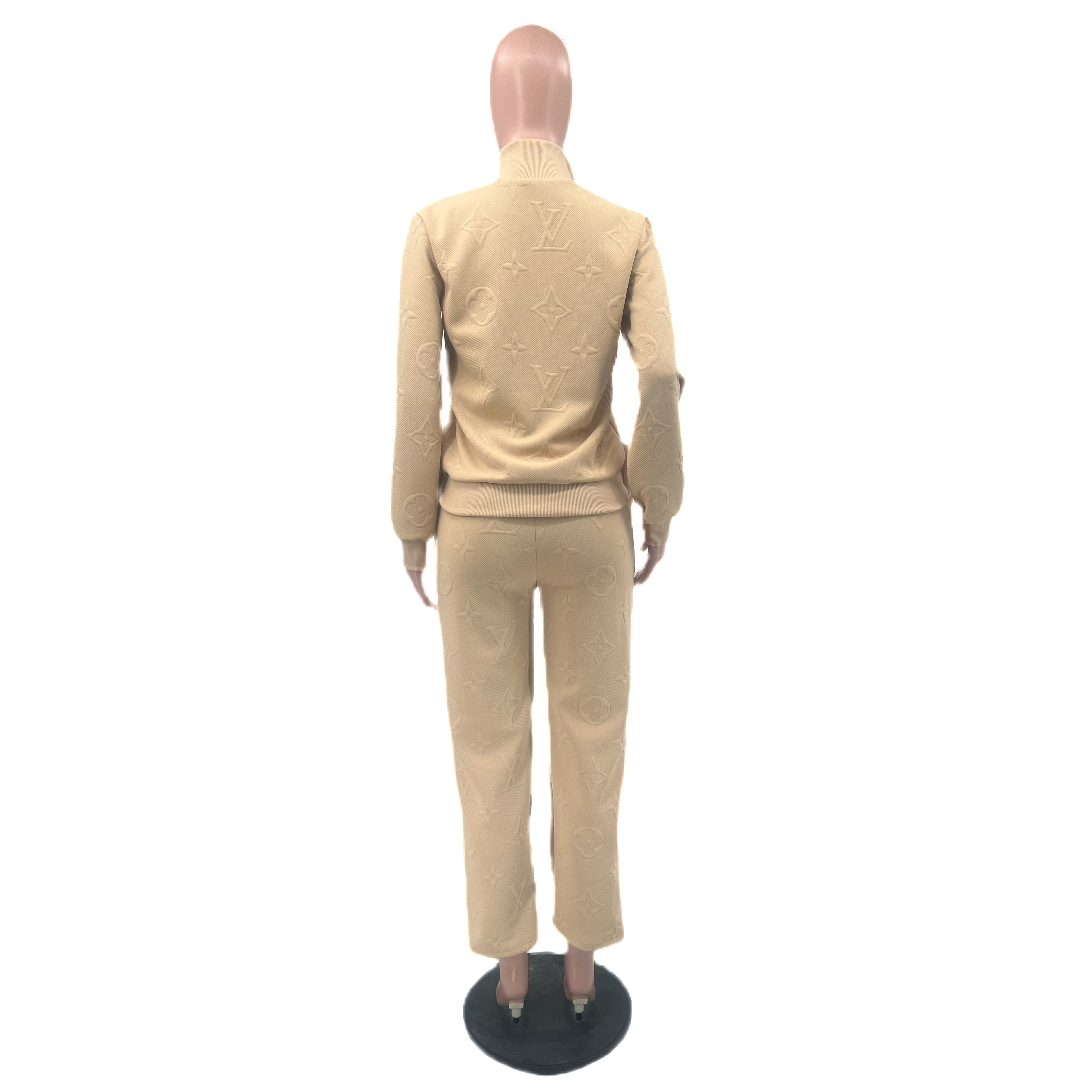 Women Embossed Embroidered Sport Ribbed Zipper Top and Pant Two Piece 8