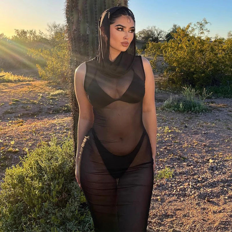 Women Casual beach fun See-Through Mesh hooded sexy Maxi Dress 7