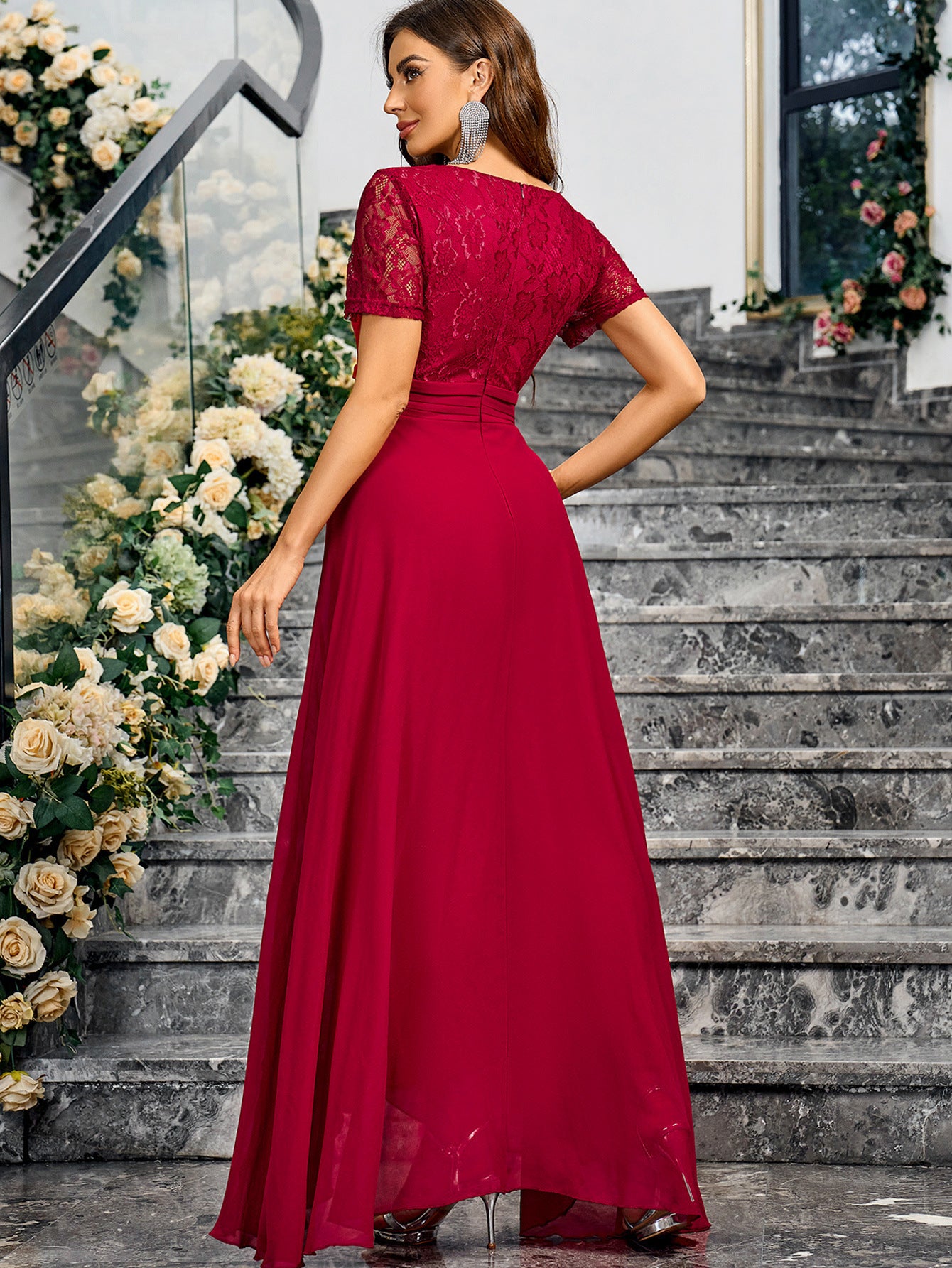 V-Neck Solid Color Summer Elegant Slim Long Formal Party Dress 3