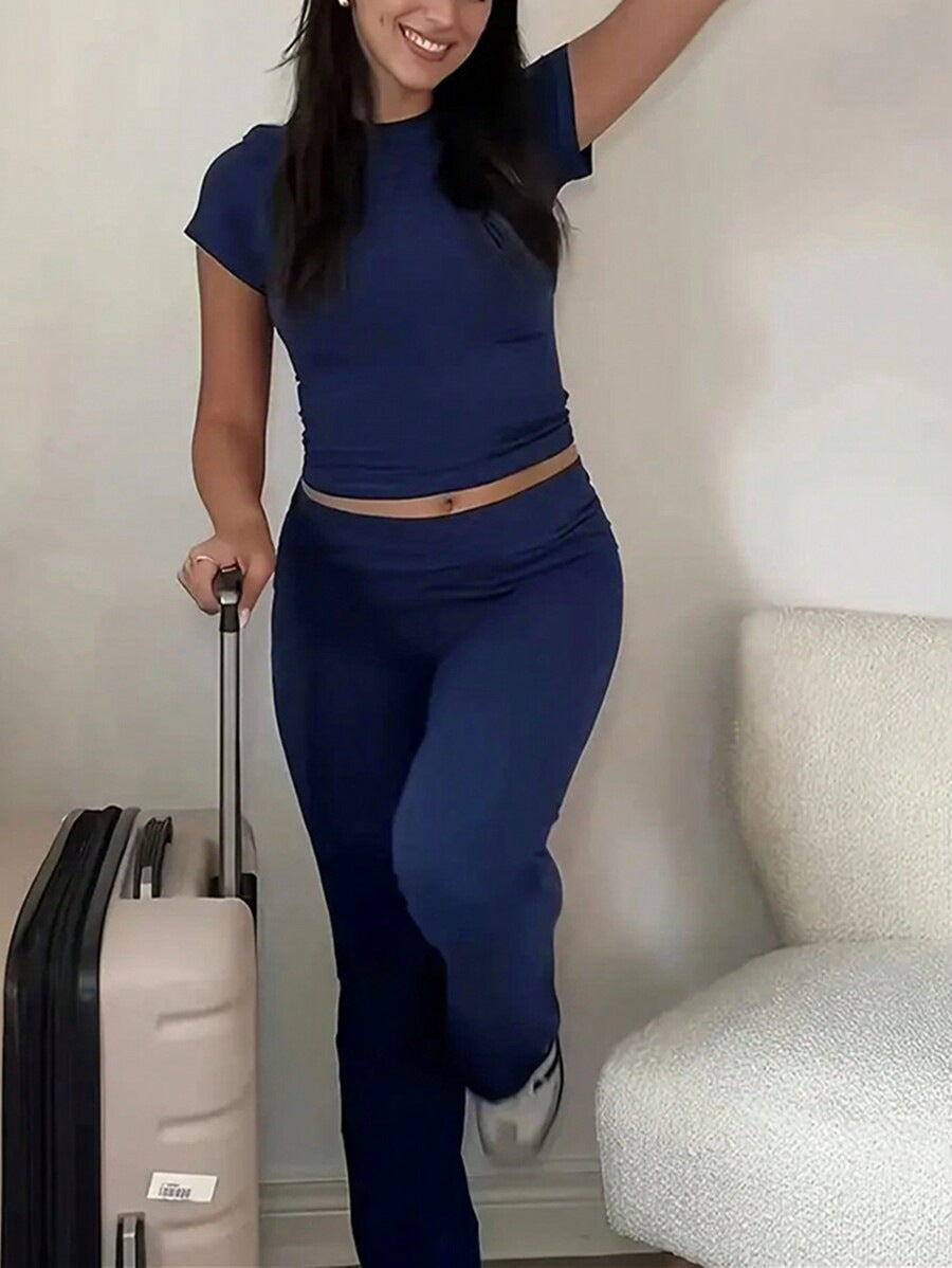 Women Casual Solid Short Sleeve Top and Pants Two Piece Set 5