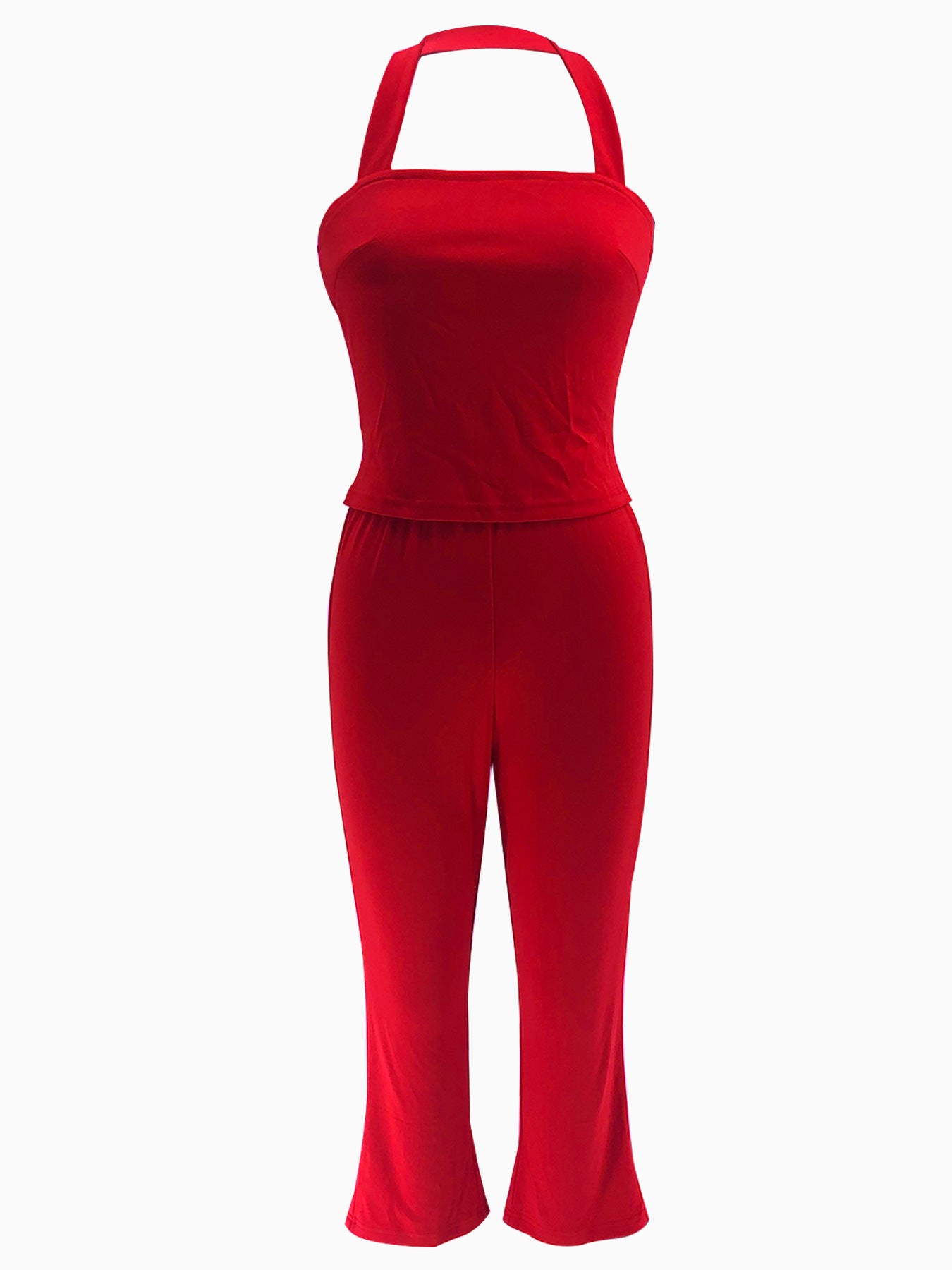 Women Summer Strapless Halter Neck Top and Solid Pants Two Piece Set 10