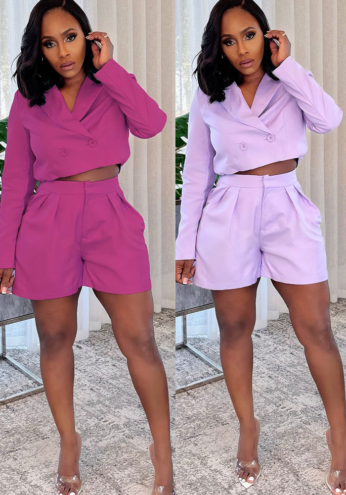 Women elegant Career Turndown Collar Long Sleeve Blazer and Shorts Two-piece Set