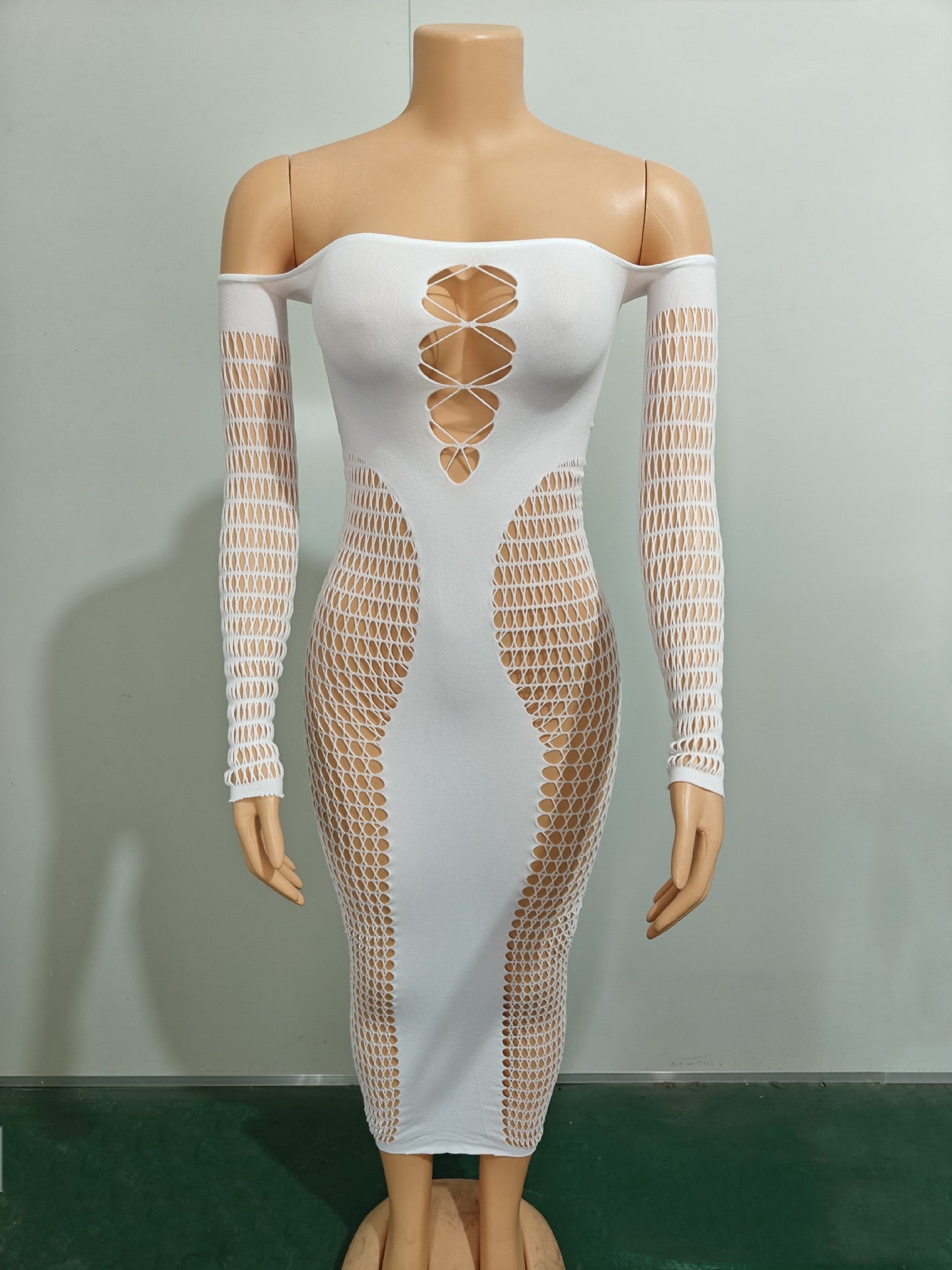 Off Shoulder Long Sleeve Stretch See Through Sexy Dress 16