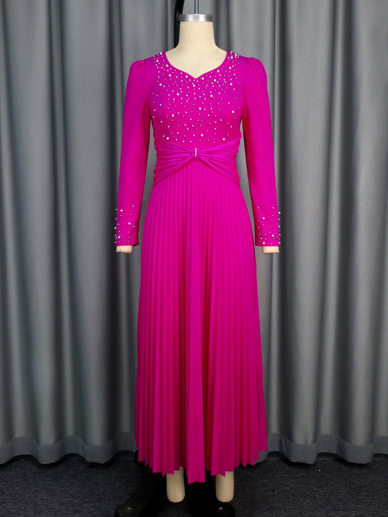 Women beaded v-neck long sleeve pleated party dress 3