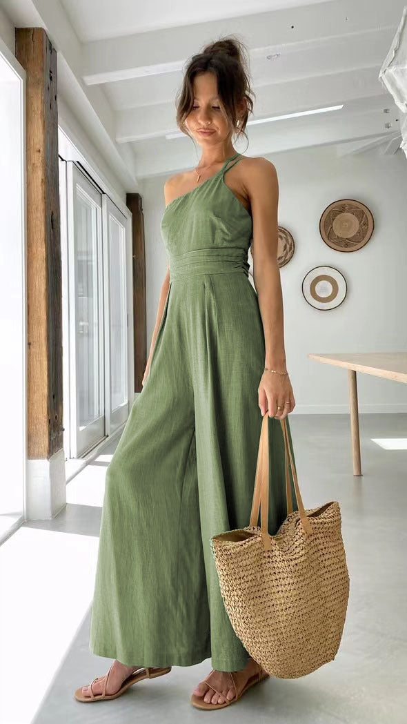 Women's Spring/Summer Solid Color Loose Wide Leg Linen Jumpsuit 20