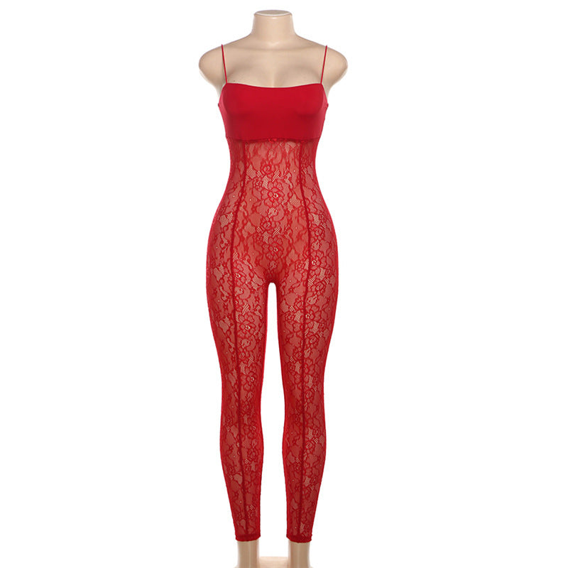 Summer Fashion Sexy See-Through Lace Slim Strap Low Back Jumpsuit For Women 6