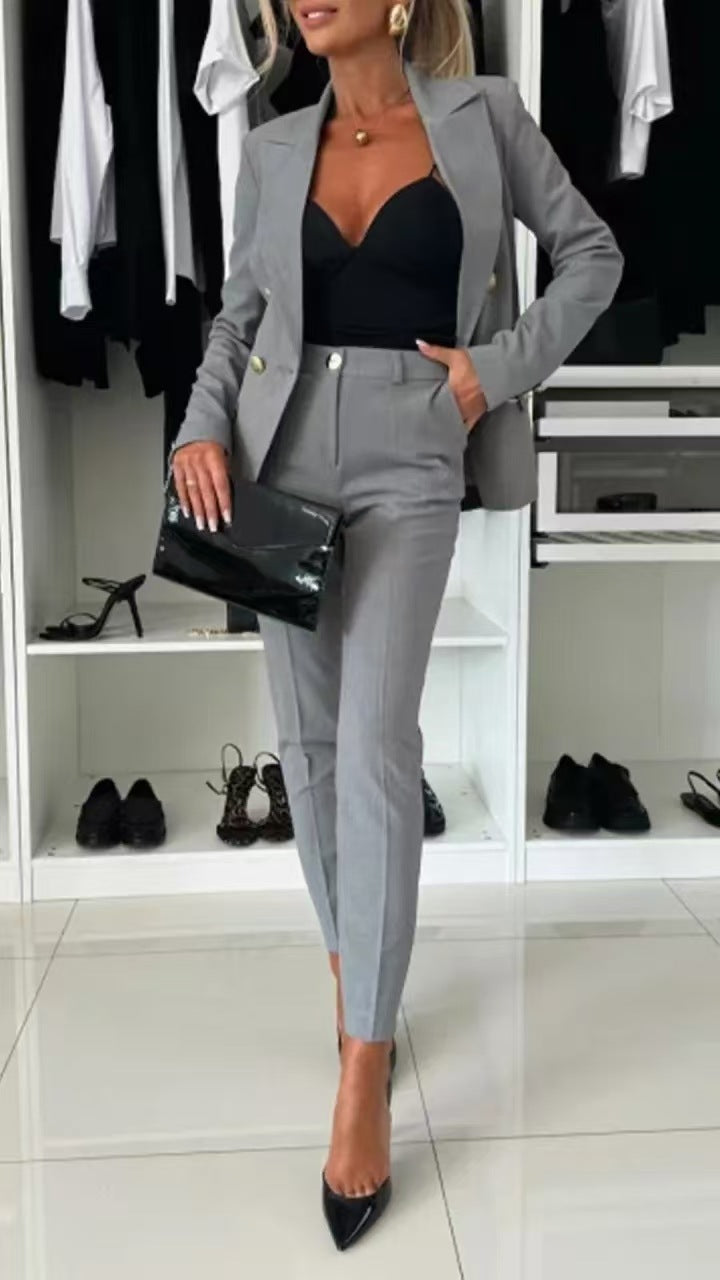 Women Casual Solid pocket Blazer and Pant two-piece set 11