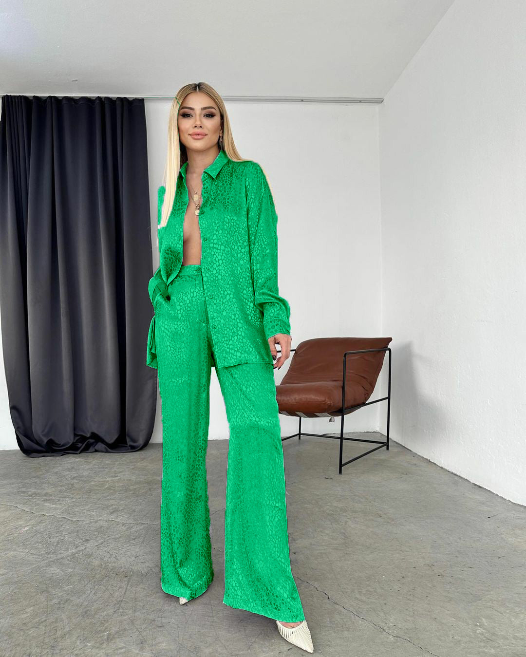 Women Long Sleeve Turndown Collar Shirt Leopard Print Pants Women Casual Two-Piece Set