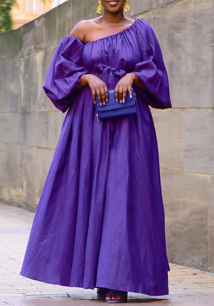 Plus-Size Women Solid Elegant Slash Shoulder Sexy Half-Sleeve Maxi Dress