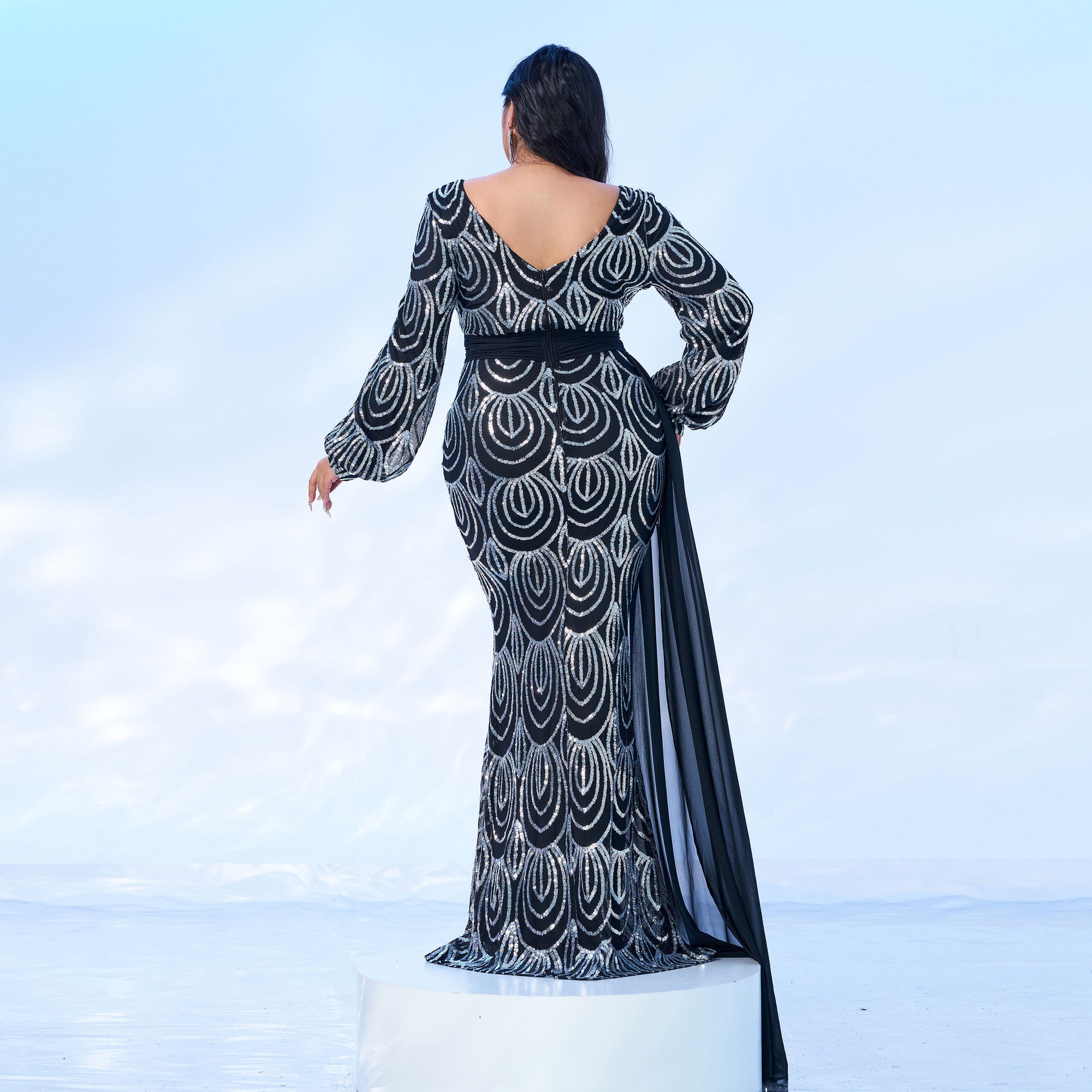 Plus Size Women's Long Sleeve V-Neck Formal Party Sequin Belt Evening Dress 4