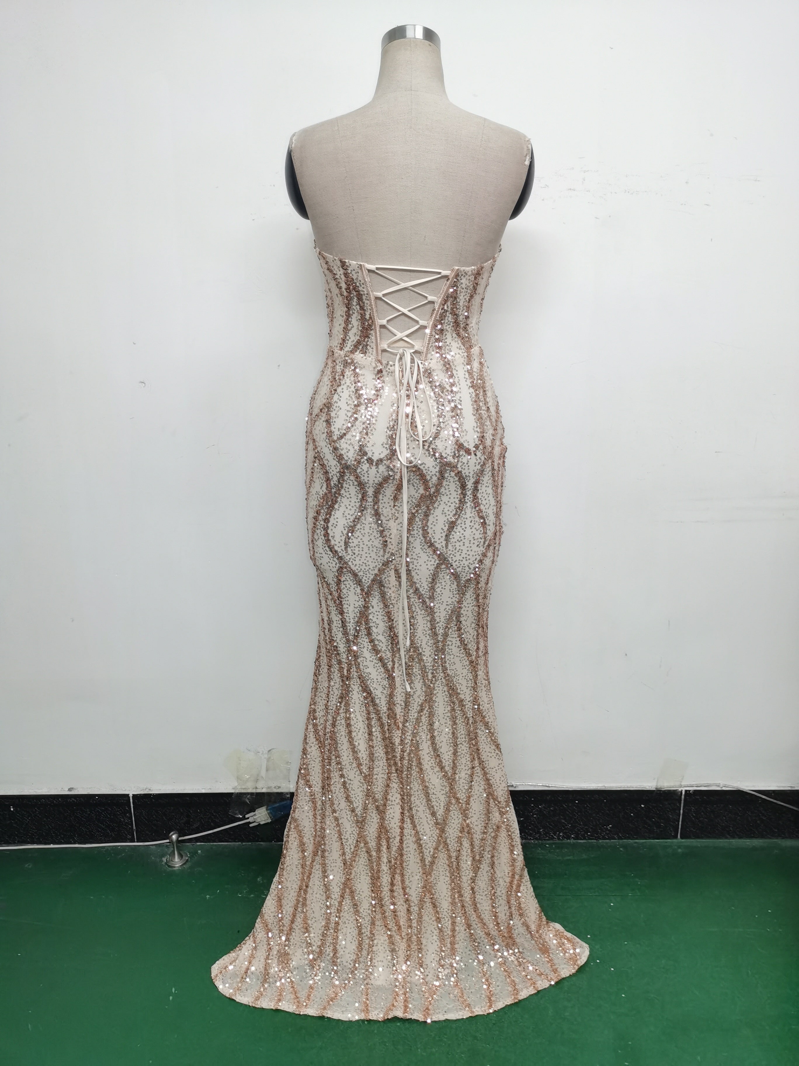 Fishbone Slim Waist Heart Neck Sequin Evening Dress Luxury Formal Party Gown 39