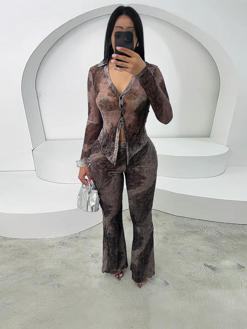 Trendy V-Neck Mesh Sunscreen Long-Sleeve Top Pants Set 5