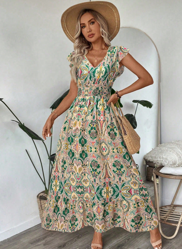 Women summer printed V-neck ruffled Maxi dress 3