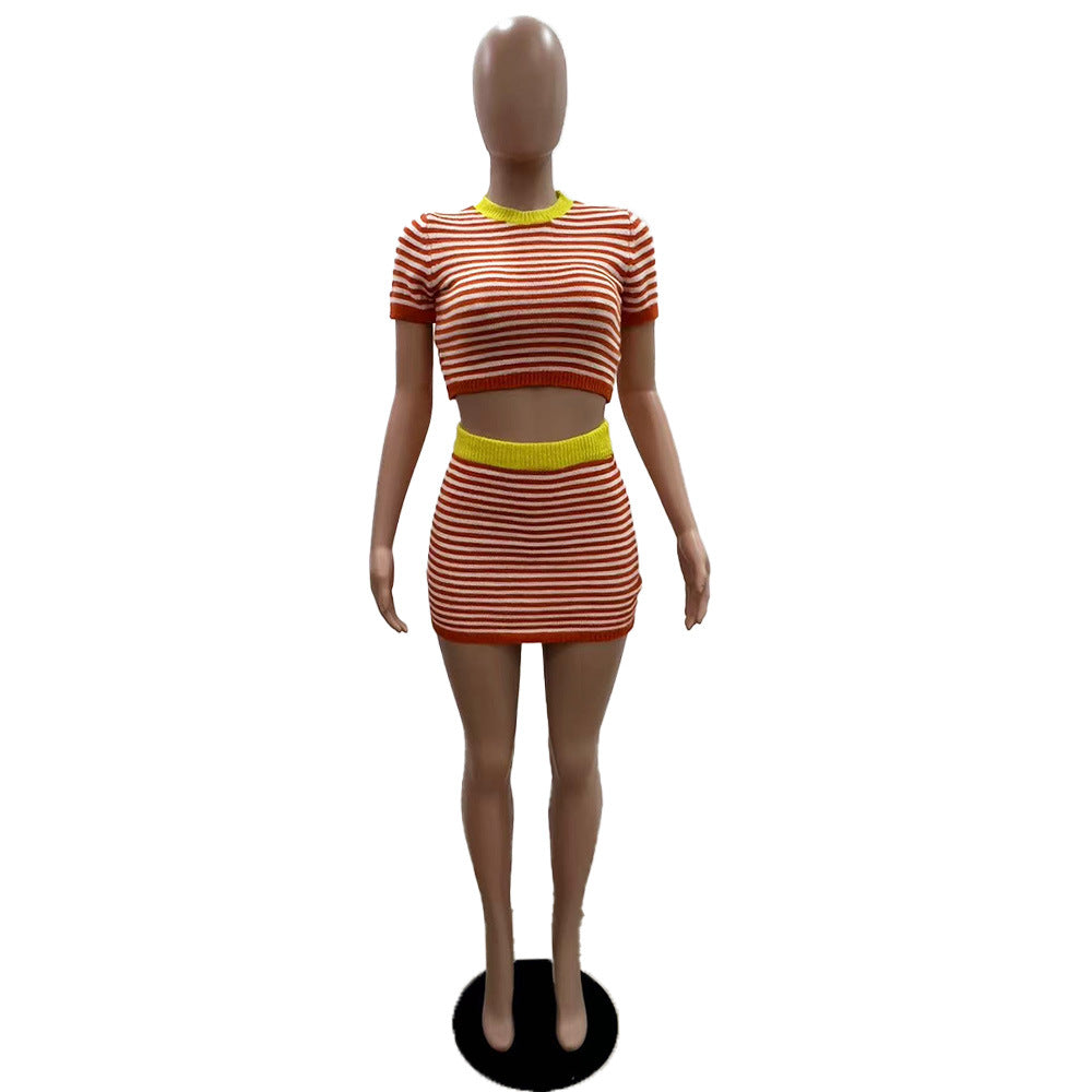 Women's Sexy Stripes short sleeve Knitting Crop Top Skirt Set 7