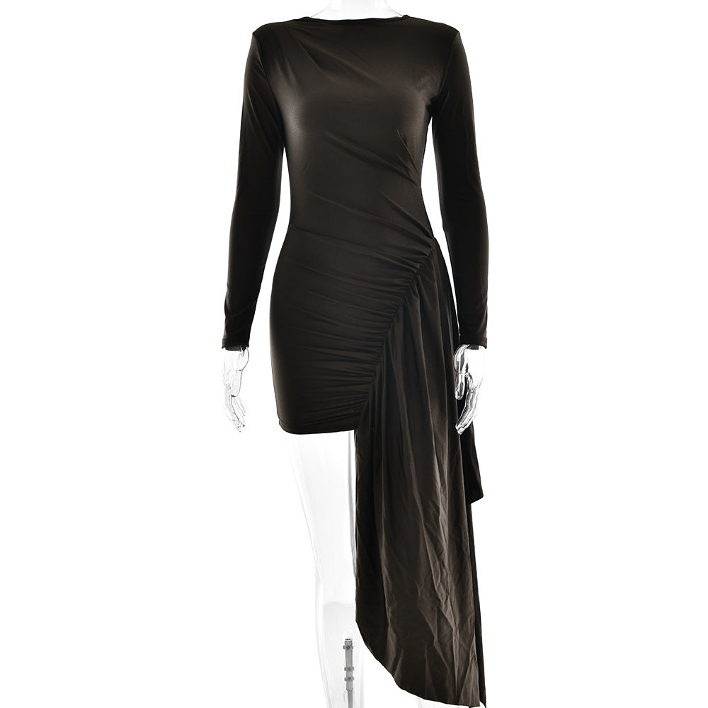 Elegant Round Neck Long Sleeve Pleated Ribbon Bodycon Dress 5