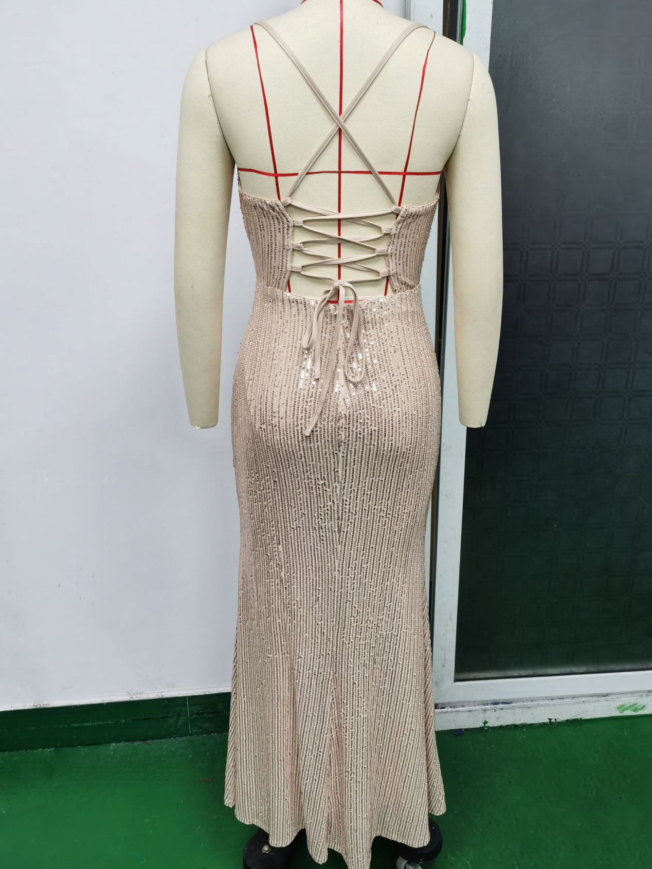Women Sexy Backless Strap Sequin Evening Dress 10