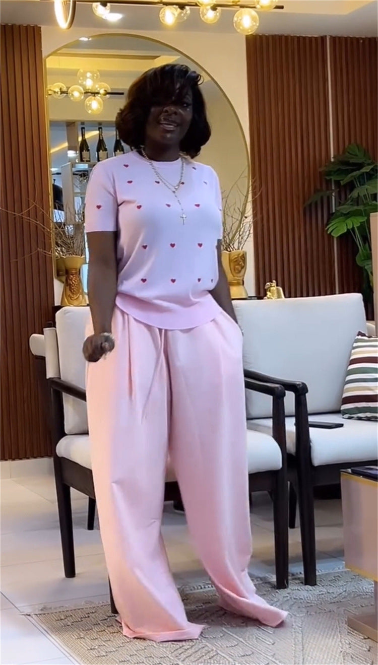 Women's Summer Sweet & Trendy Round Neck Heart Print Short Sleeve Top & Wide-Leg Pants Set 13