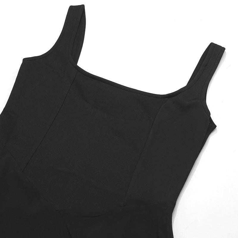 Spring Summer Square Neck Sleeveless Slim Waist Strap Dress 30