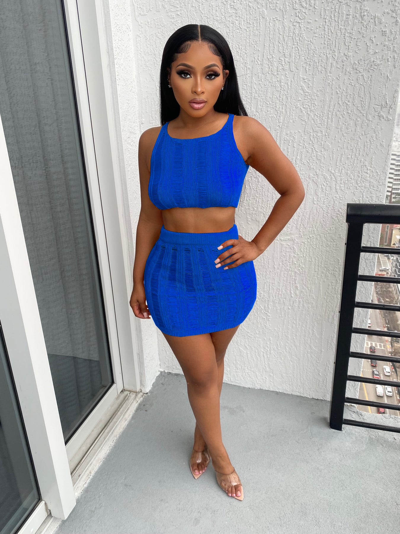 Women Sexy Knitting Hollow Tank Top and Skirt Two-piece Set 4