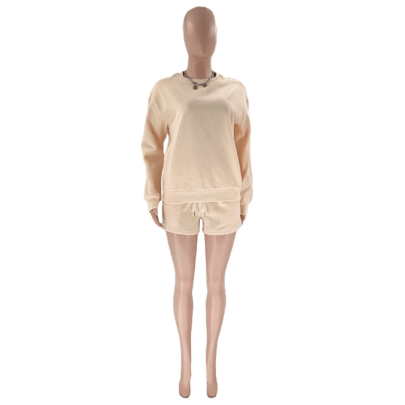 Fall Winter Solid Color Round Neck Pullover Long Sleeve Hoodies Women's Fashion Casual Shorts Two Piece Set 21