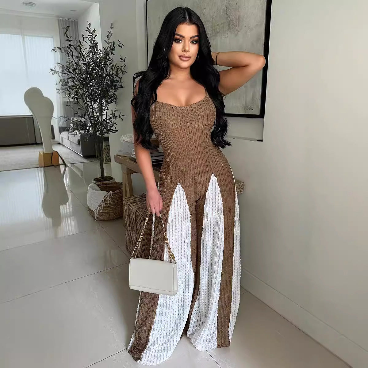 Women Sexy Hollow Wide-leg knitting Suspender Patchwork Contrast Jumpsuit 4