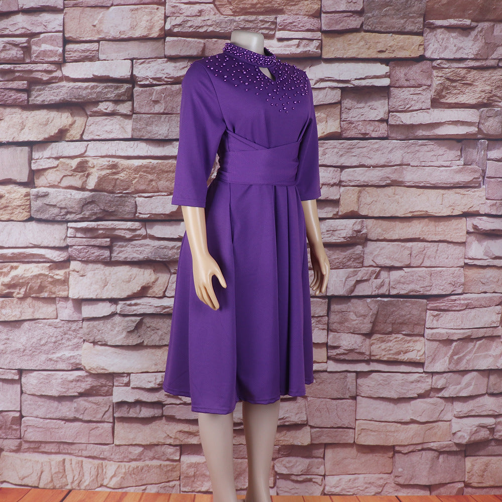 Women African Elegant Stand Collar Beaded Belt Pocket Dress 15