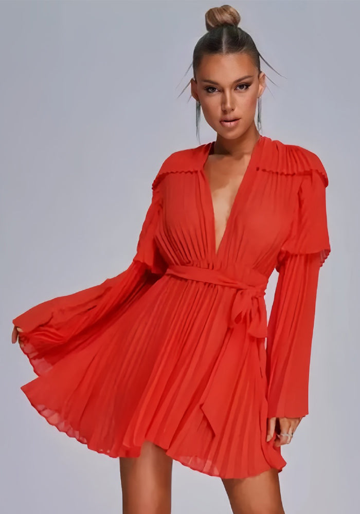 Women's Spring Solid Color Deep V-Neck Bell Sleeve Pleated Lace-Up Short Dress