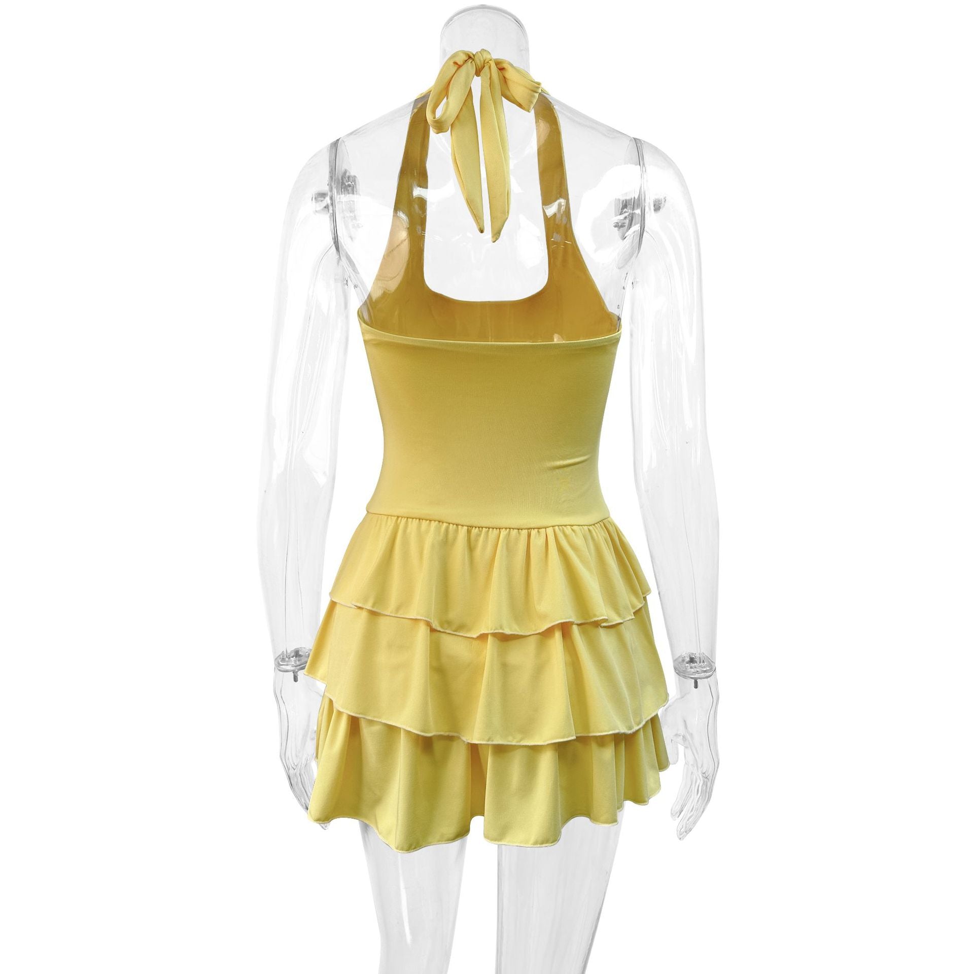 Women Summer Square-Neck Halter Neck Lace-Up Sexy Backless Solid Mini Dress 8