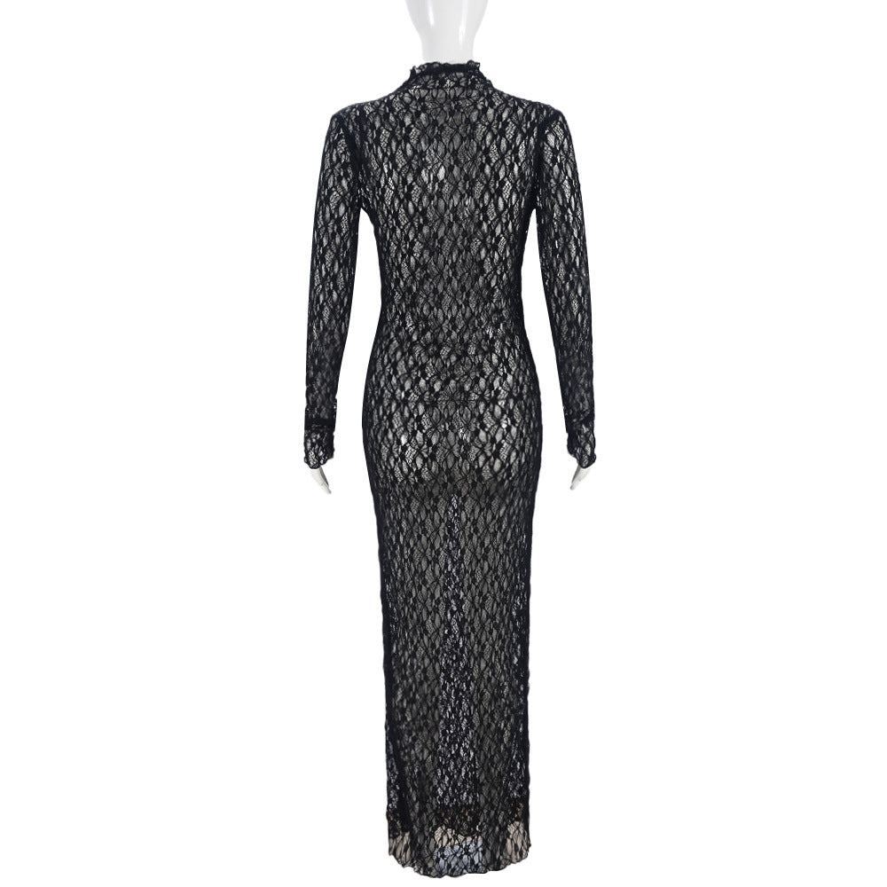 Autumn And Winter Sexy Long Sleeve Round Neck See-Through Lacemesh Women Long Dress 8