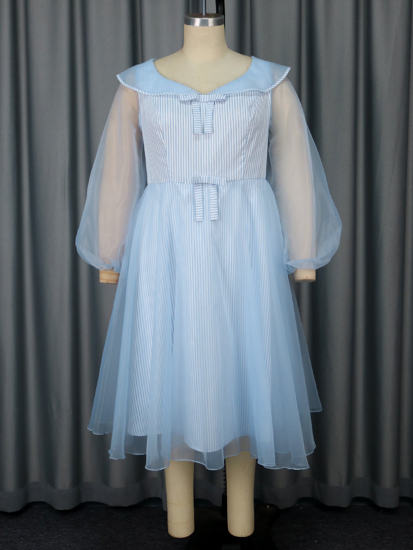 High-Waist Plus Size Women's Contrast Color Woven Striped Bubble Long-Sleeve A-Line Dress 5