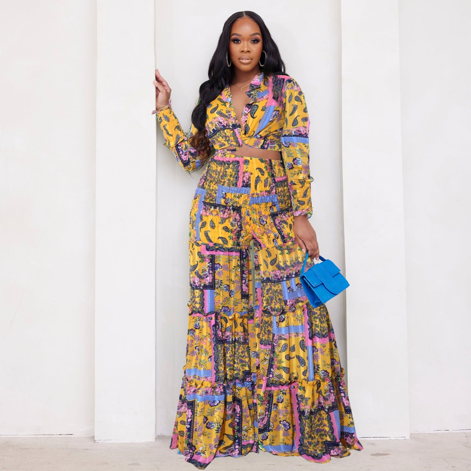 Fashion Color Contrast Printing Chiffon Long Sleeve Tie Blouse Bell Bottom Pants Two-Piece Suit For Women 7