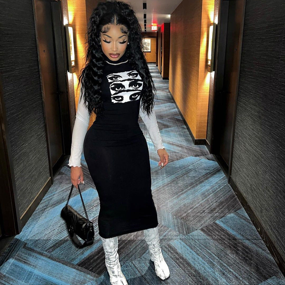 Women Sexy Long Sleeve Round Neck Print Dress 4