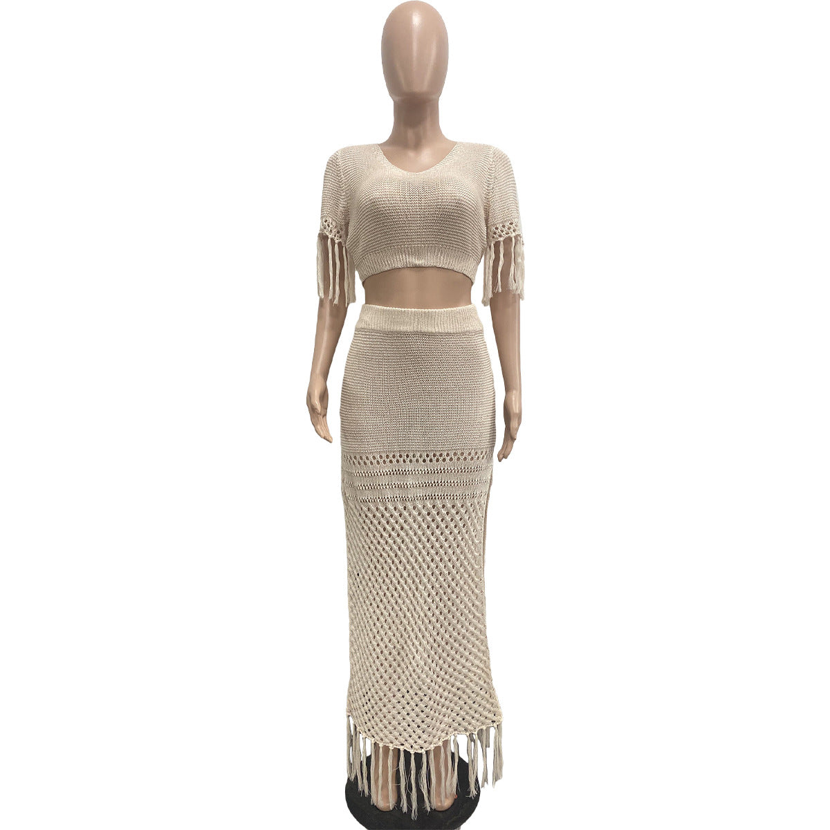 Ladies Casual Sexy Split Woolen Crochet Knitting Tassel Two-Piece Set 14