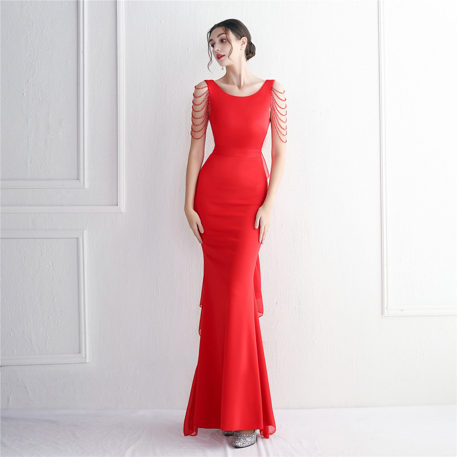 Chiffon Satin Beaded Long Formal Party Slim Evening Dress Chic Elegant Long Annual Meeting Host Dress 10
