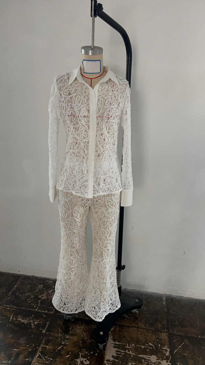 Autumn Slim Sexy Hollow Jacquard Lace Two Piece Pants Set 8