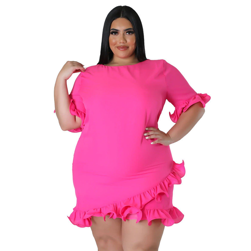 Plus Size Women's Fashion Fit Round Neck Solid Ruffle Casual Dress 9