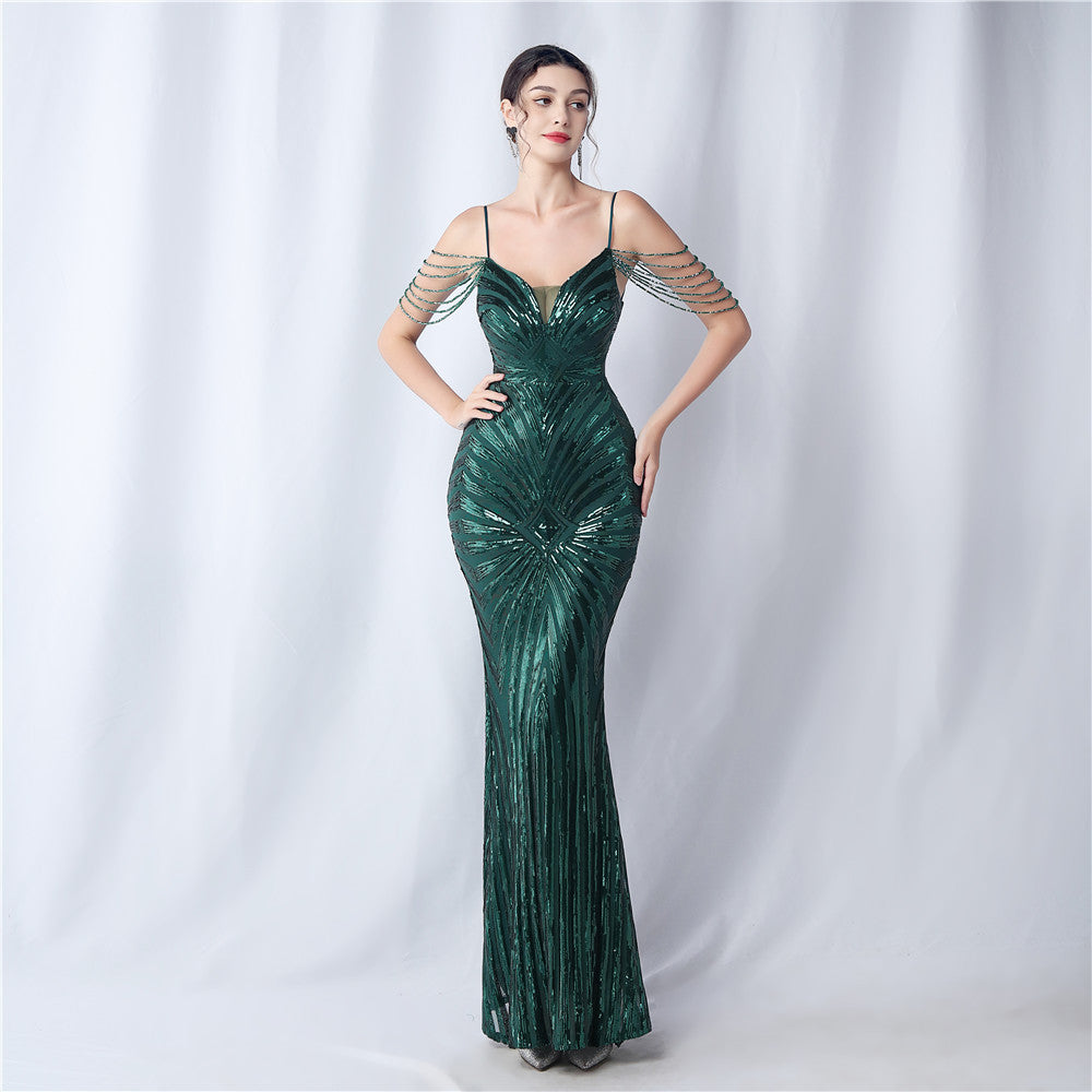 Beading Wedding Party Gown Beaded Suspender Evening Dress 3