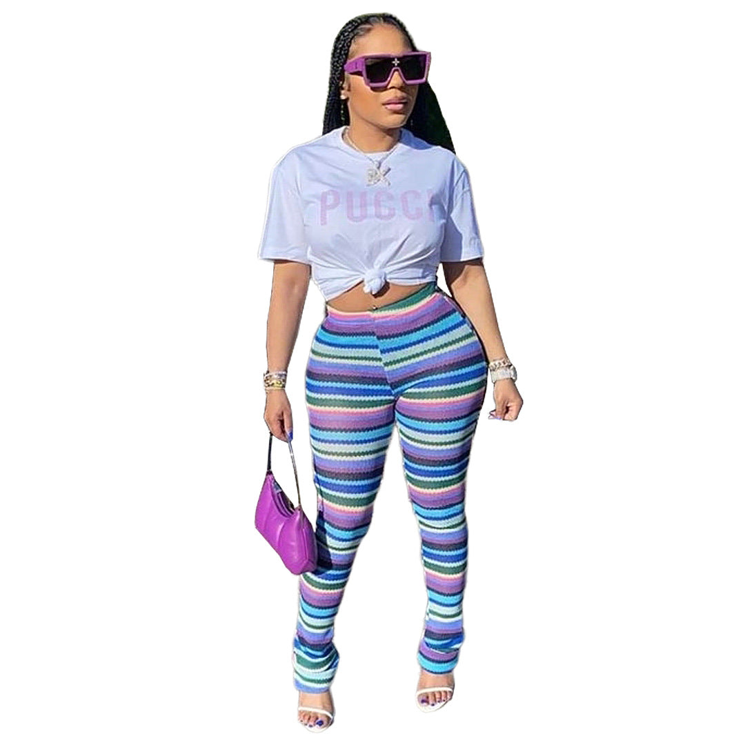 Women's Colorful Striped knitting Hollow Jacquard Fashion Pants Bell Bottom Pants 9