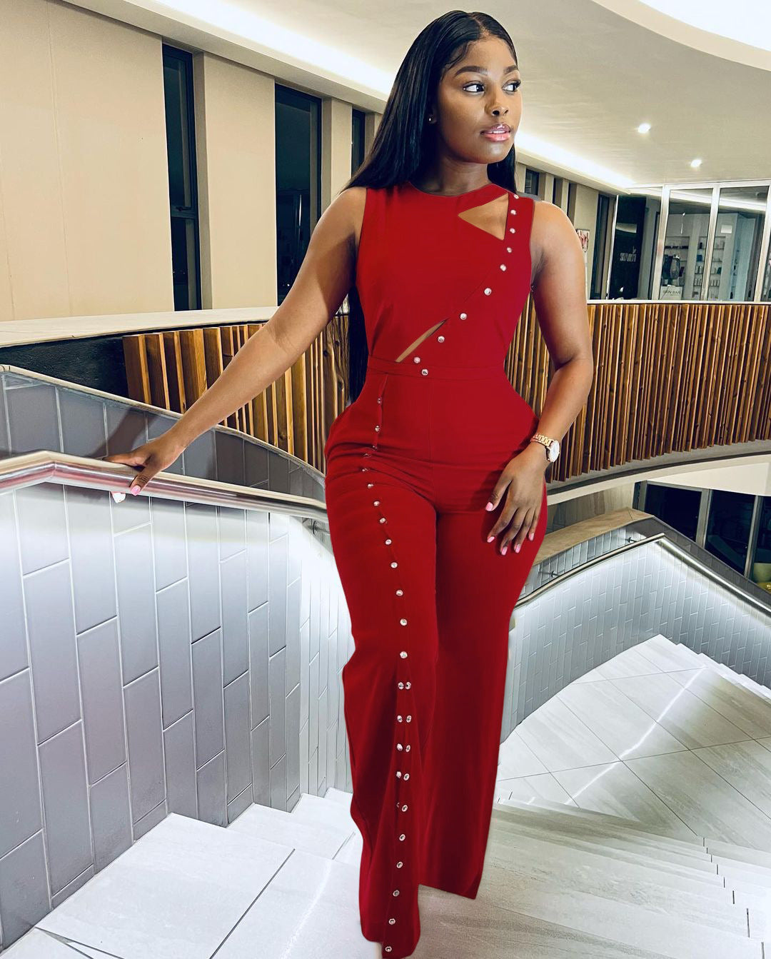 Women Summer Sleeveless Slit Loose Jumpsuit 4