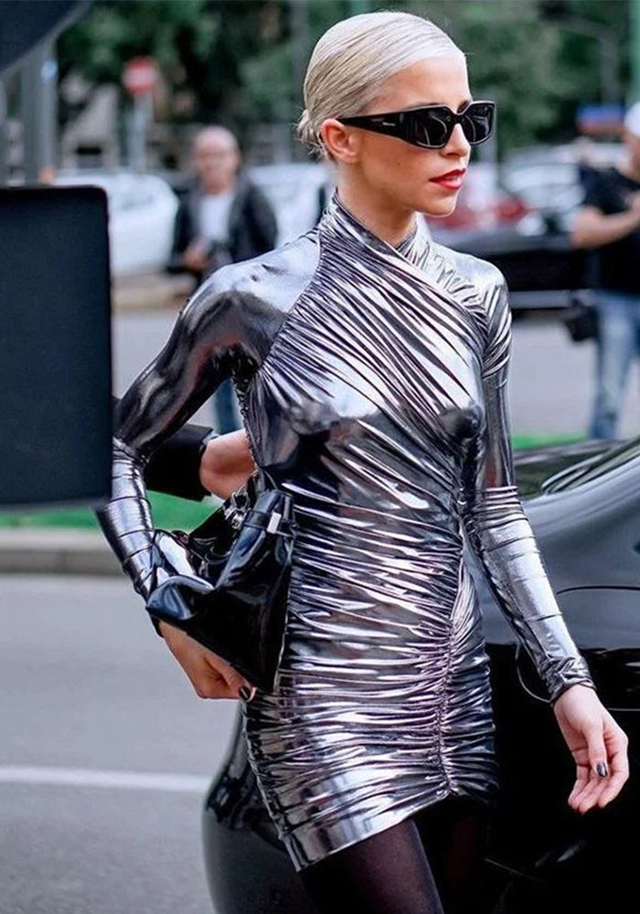 Women v-neck long sleeve sexy pleated Bodycon dress