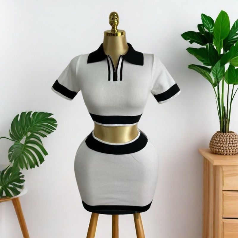 Fashion Short Sleeve Set Women Loose Spring Turndown Collar Half Sleeve Knitting Top Short Skirt Set 7