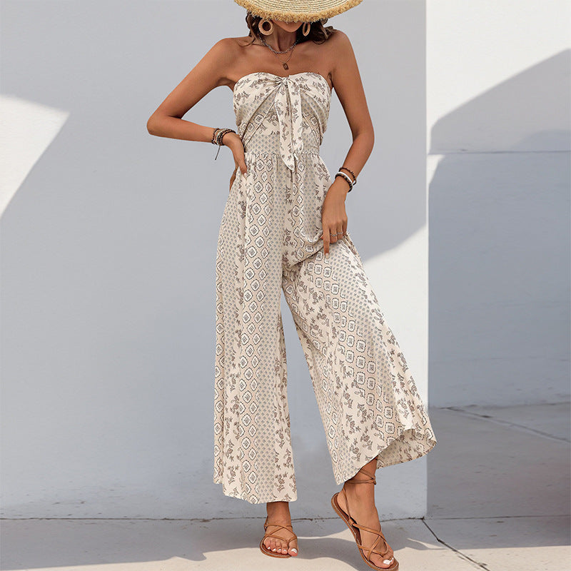 Summer Print Casual Tied Strapless Wide-Leg Jumpsuit 9