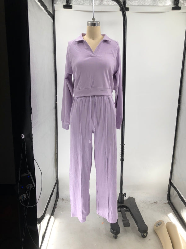 Women Fall/Winter Solid V-Neck Long Sleeve Casual Top and Pants Two-Piece Set 20