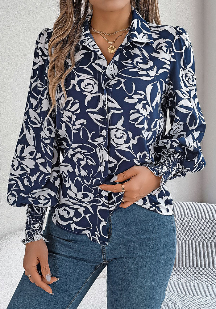Autumn Winter Elegant Contrast Color Flower Printed Lantern Sleeve Turndown Collar Women's Shirt