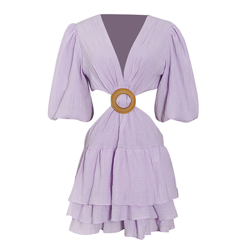 Women's Spring Trend Sexy Deep V Neck Open Waist Puff Sleeve Short Dress 4